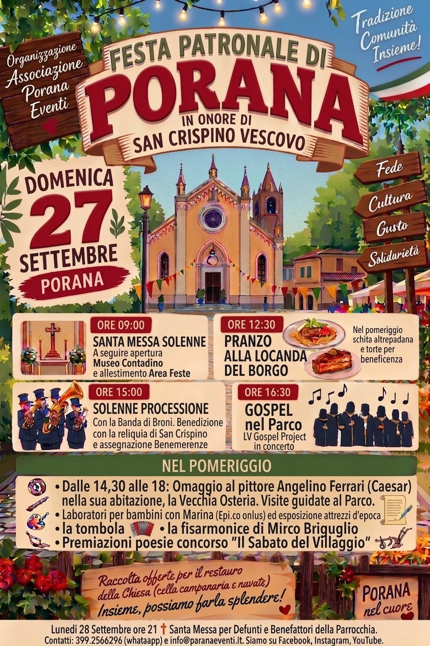 Locandina della festa patronale di Porana, con Gospel nel parco e LV Gospel Project, 27 settembre 2026